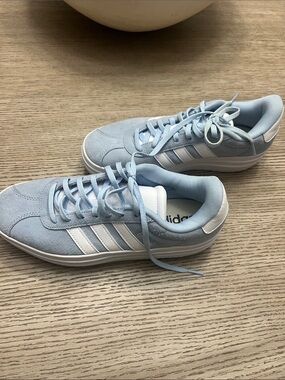 adidas Pale Blue Suede Trainers with White Stripes